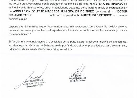 LA MUNICIPALIDAD DE TIGRE NO SE PRESENTÓ A LA AUDIENCIA