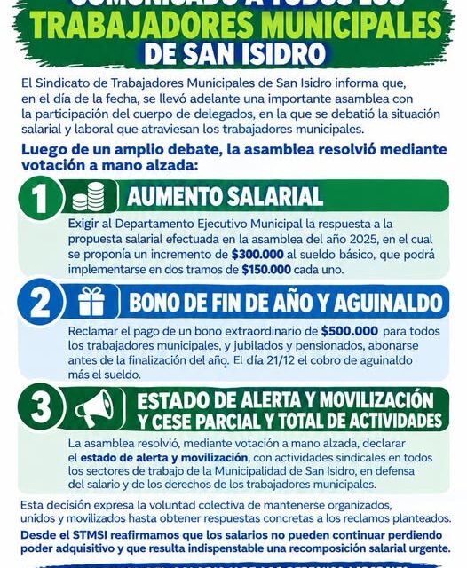 COMUNICADO DEL STMSI A TODOS LOS TRABAJADORES MUNICIPALES DE SAN ISIDRO